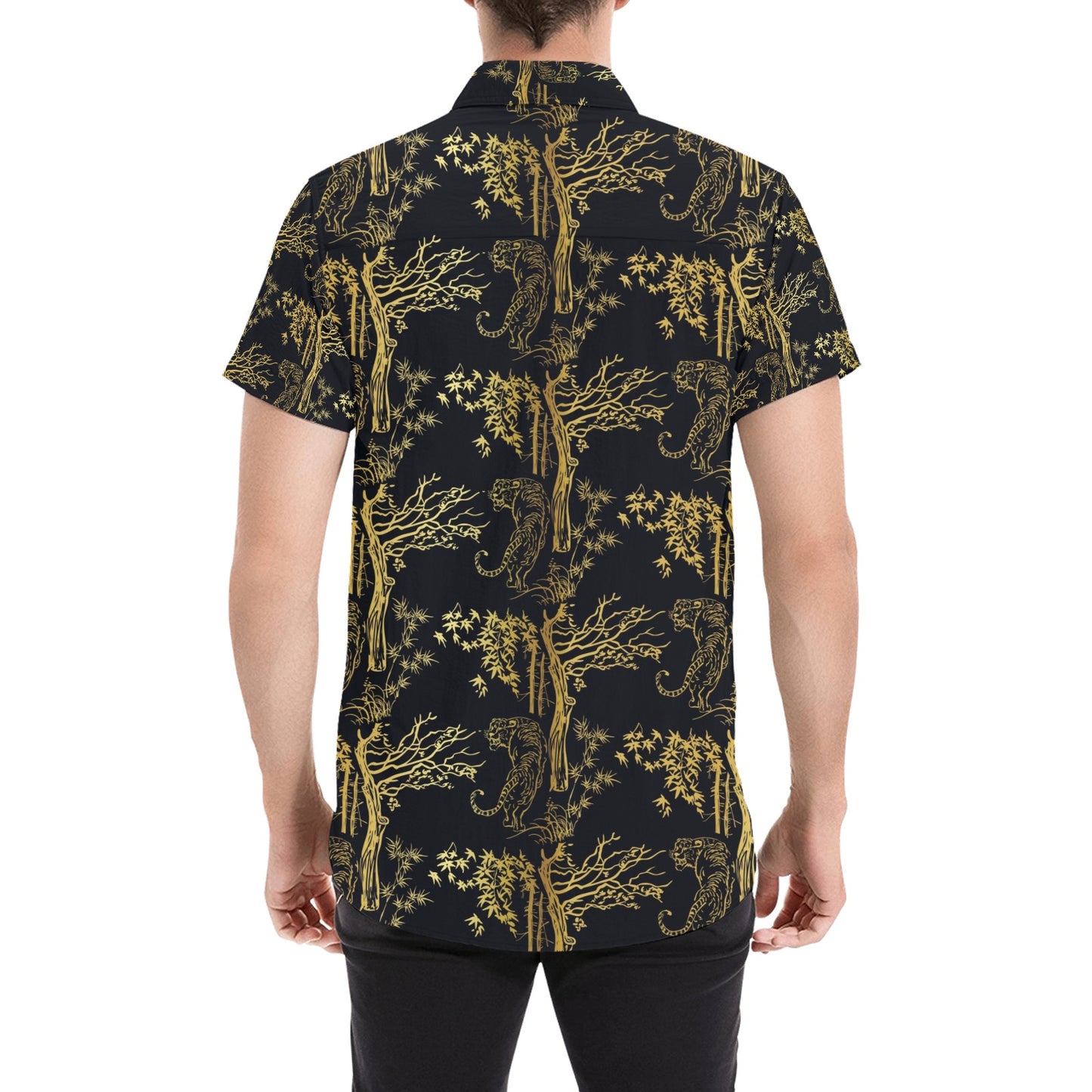 Tiger Gold Print Design LKS307 Men Short Sleeve Button Up Shirt