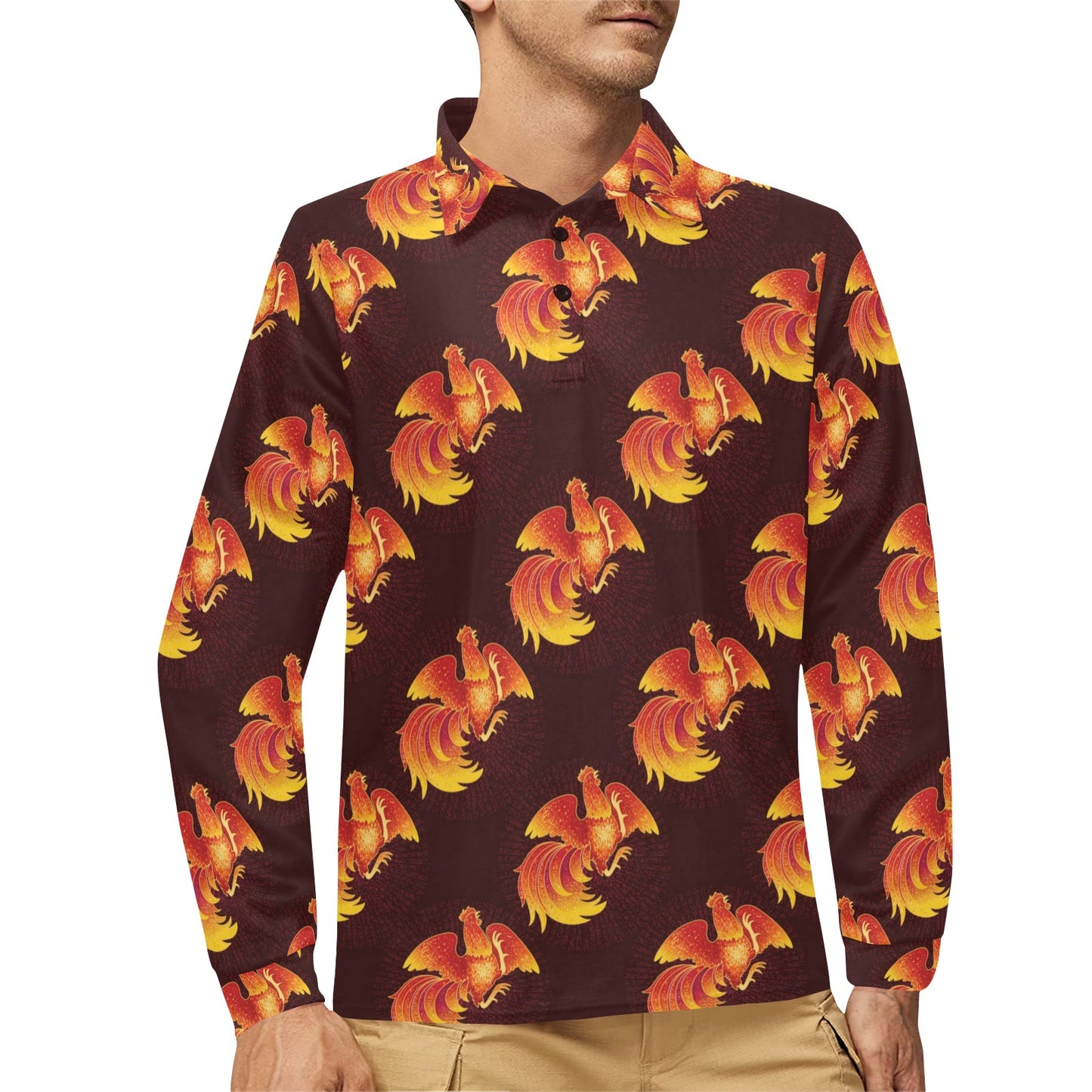 Rooster Pattern Print Design A04 Long Sleeve Polo Shirt For Men's