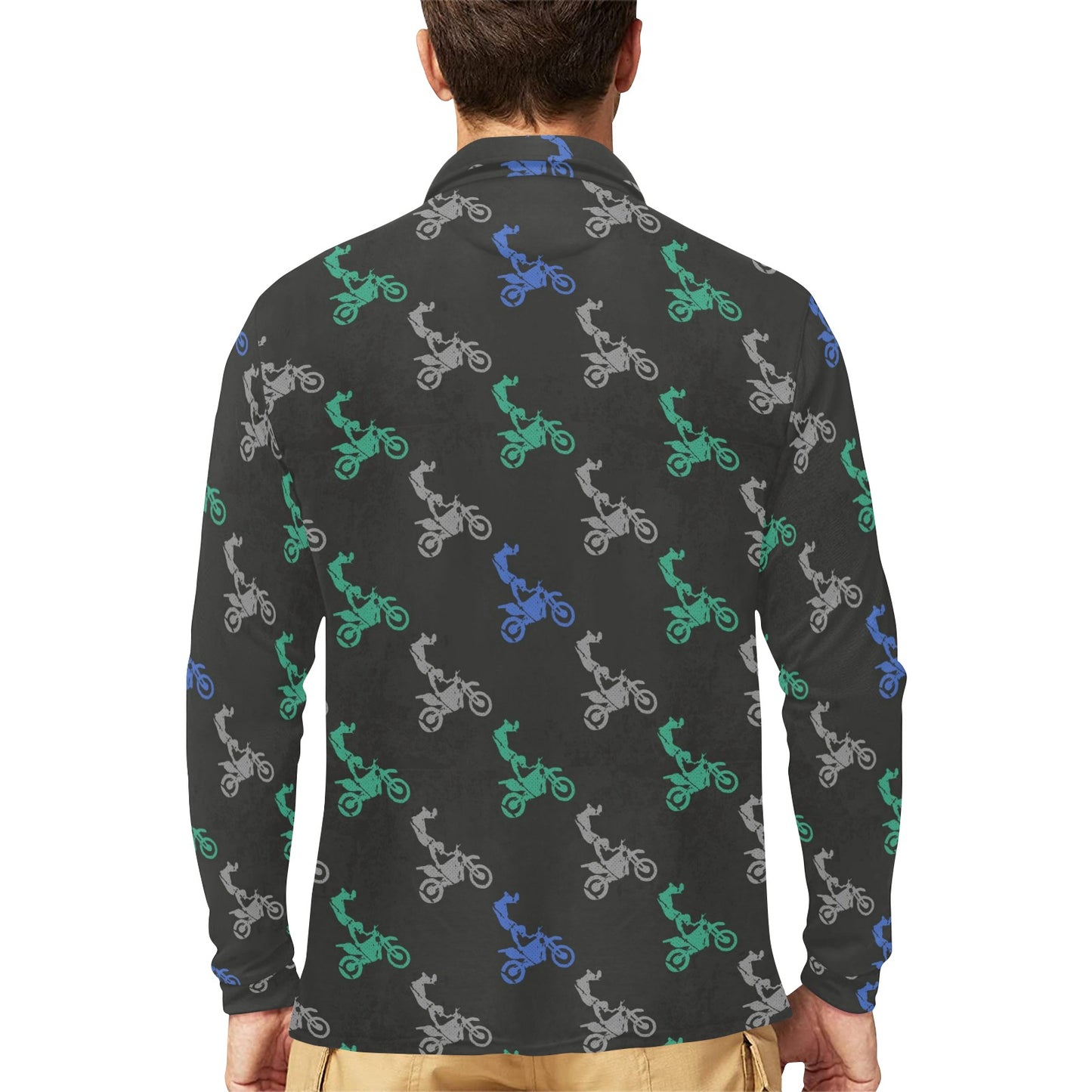 Motocross Pattern Print Design 02 Long Sleeve Polo Shirt For Men's