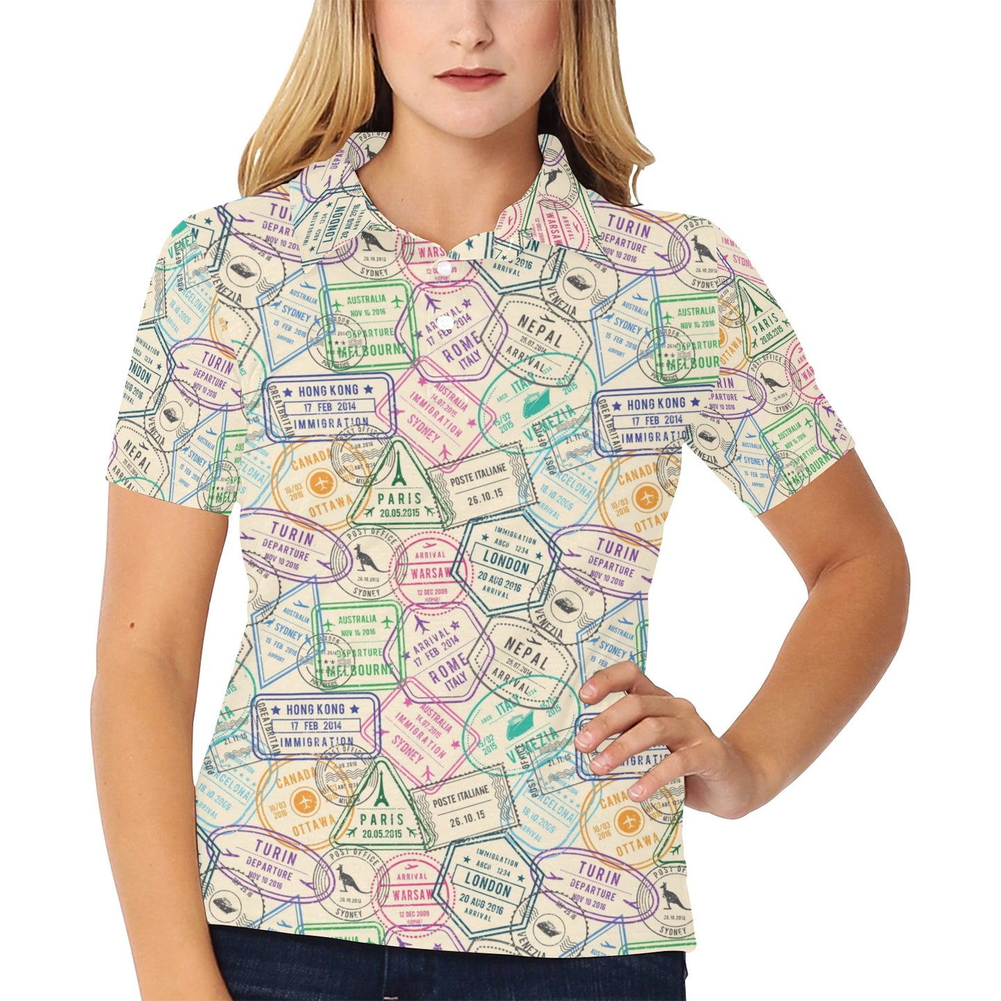 Travel Stamp Print Design LKS303 Women's Polo Shirt