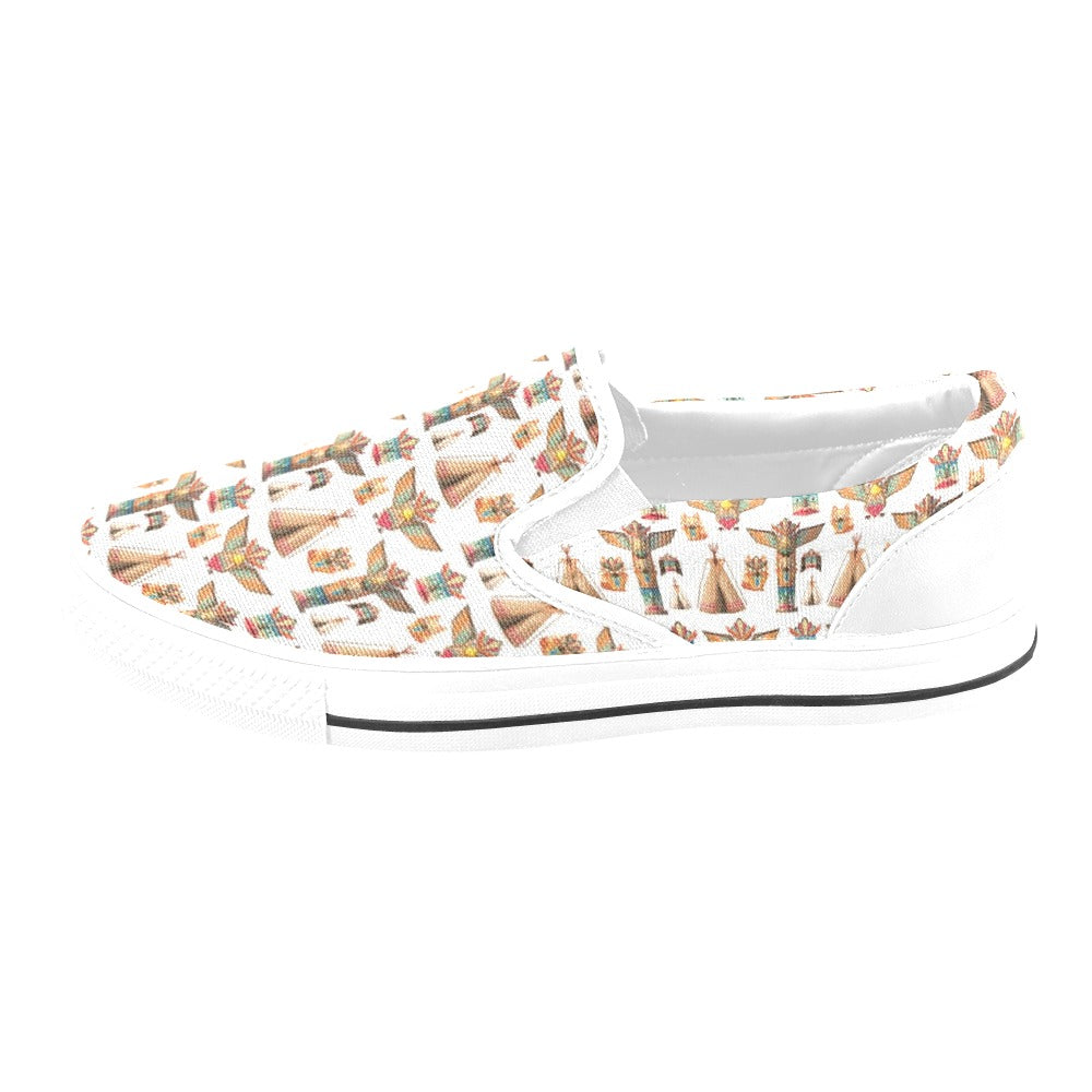Totem Native Print Design LKS303 White Slip Ons Canvas Women's Shoes