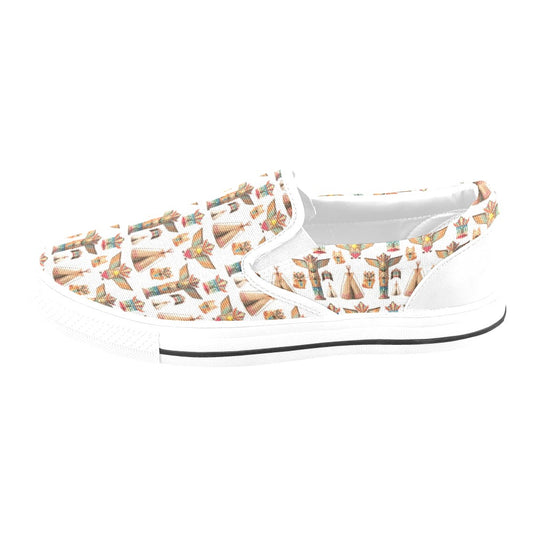 Totem Native Print Design LKS303 White Slip Ons Canvas Women's Shoes