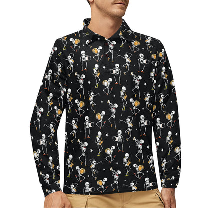 Skeleton Dance Print Long Sleeve Polo Shirt For Men's