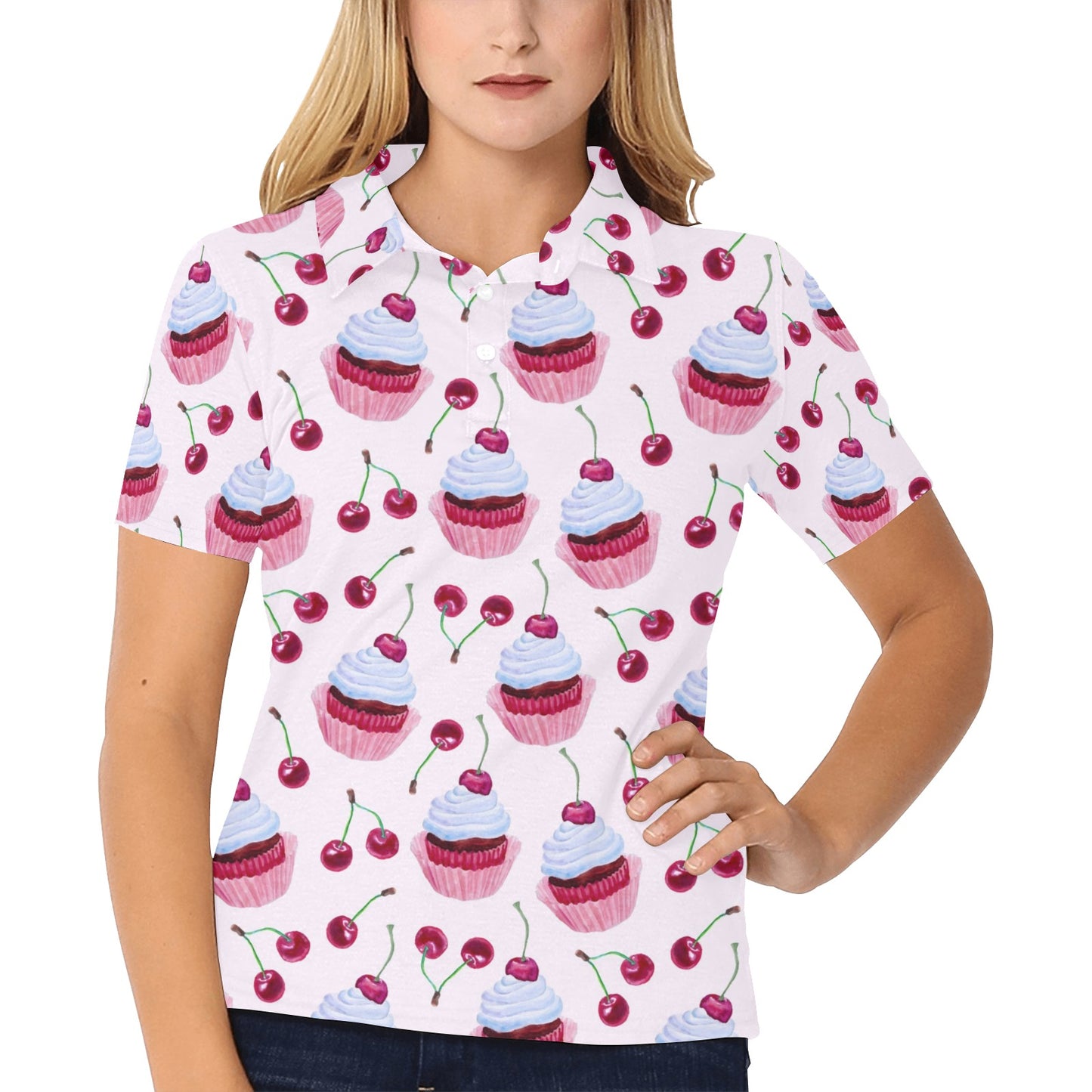 Cherry Cupcake Pink Pattern Women's Polo Shirt
