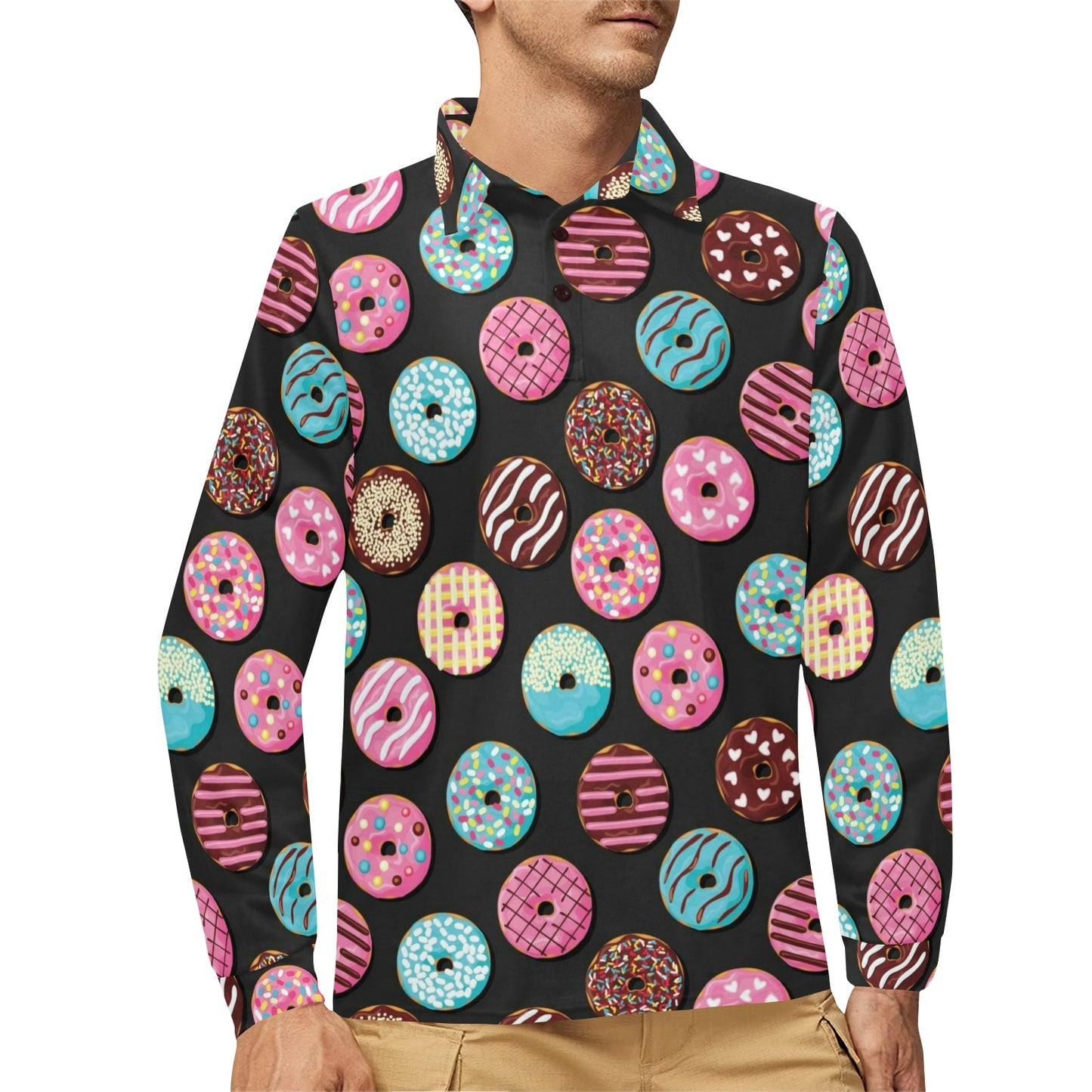 Donut Pattern Print Design DN02 Long Sleeve Polo Shirt For Men's