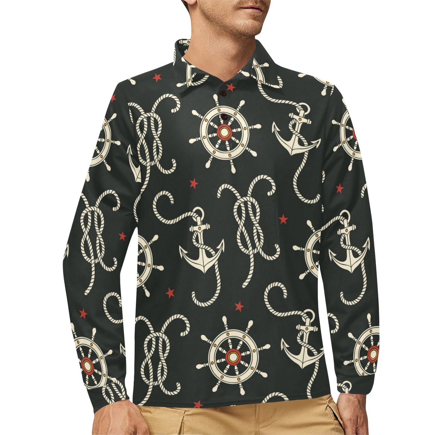 Nautical Anchor Pattern Long Sleeve Polo Shirt For Men's