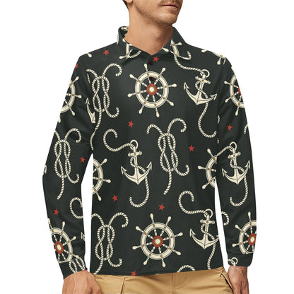 Nautical Anchor Pattern Long Sleeve Polo Shirt For Men's