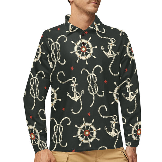 Nautical Anchor Pattern Long Sleeve Polo Shirt For Men's