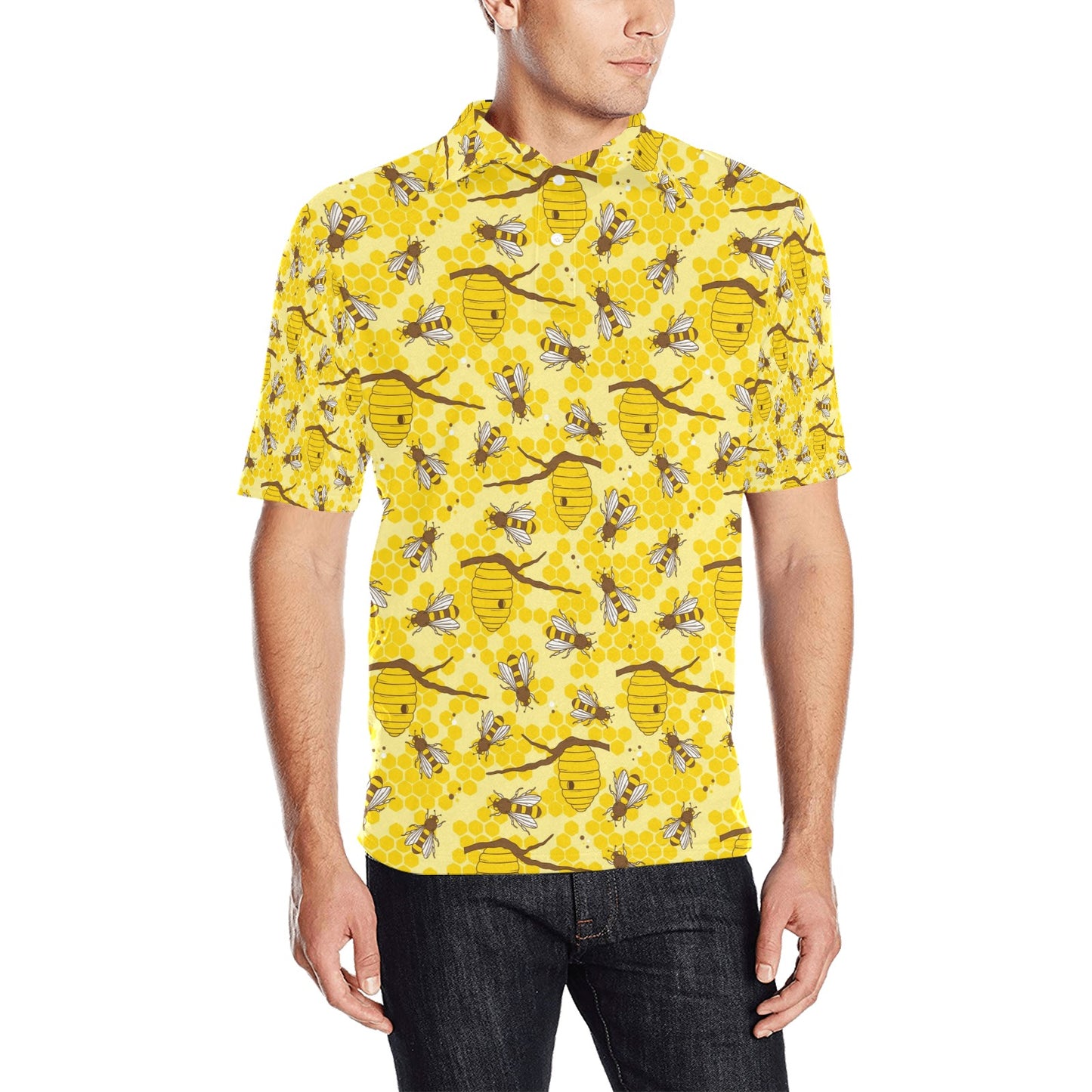 Bee With Honeycomb Print Design LKS302 Men Polo Shirt