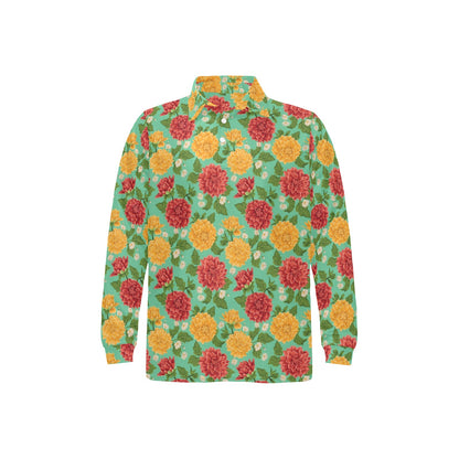 Dahlia Pattern Print Design DH011 Long Sleeve Polo Shirt For Men's