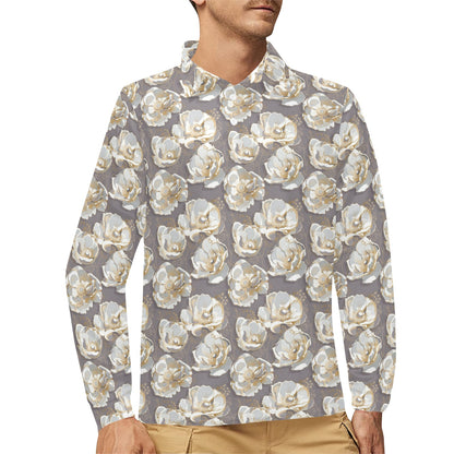 Elegant Grey Flower Print Long Sleeve Polo Shirt For Men's