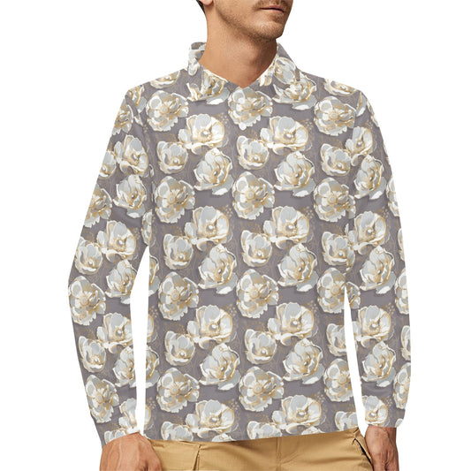 Elegant Grey Flower Print Long Sleeve Polo Shirt For Men's
