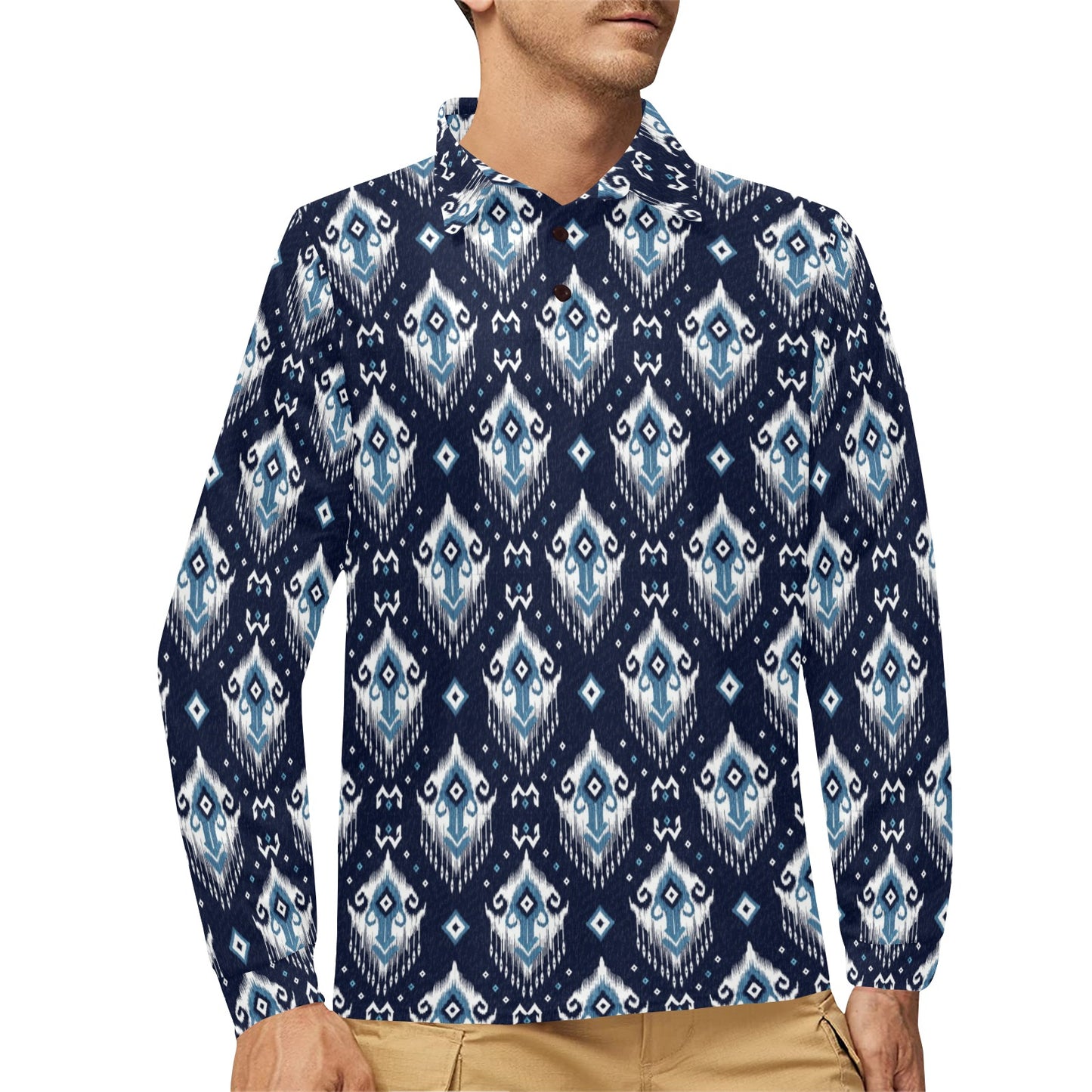 Ethnic Ornament Print Pattern Long Sleeve Polo Shirt For Men's