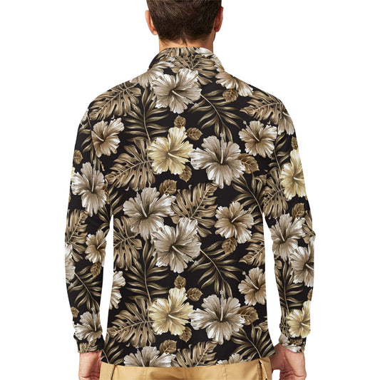 Brown Hibiscus Tropical Long Sleeve Polo Shirt For Men's