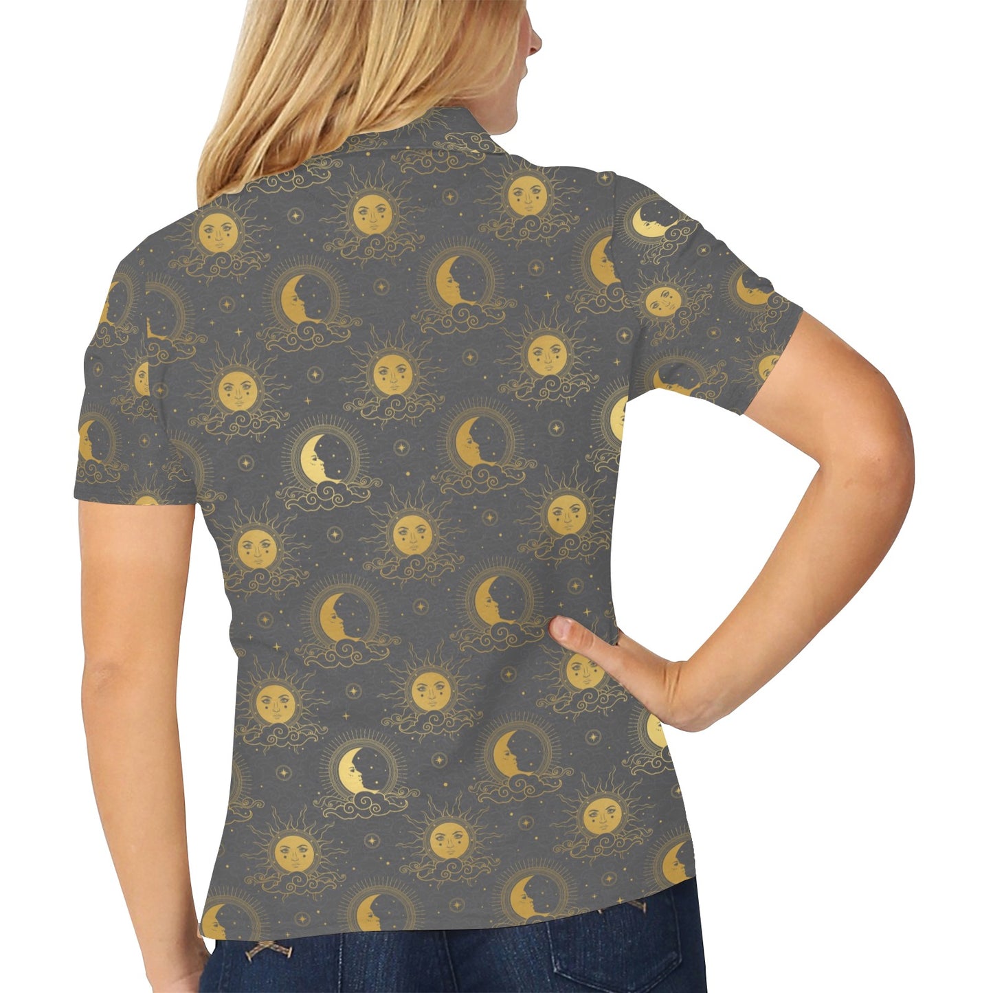 Sun Moon Print Design LKS305 Women's Polo Shirt