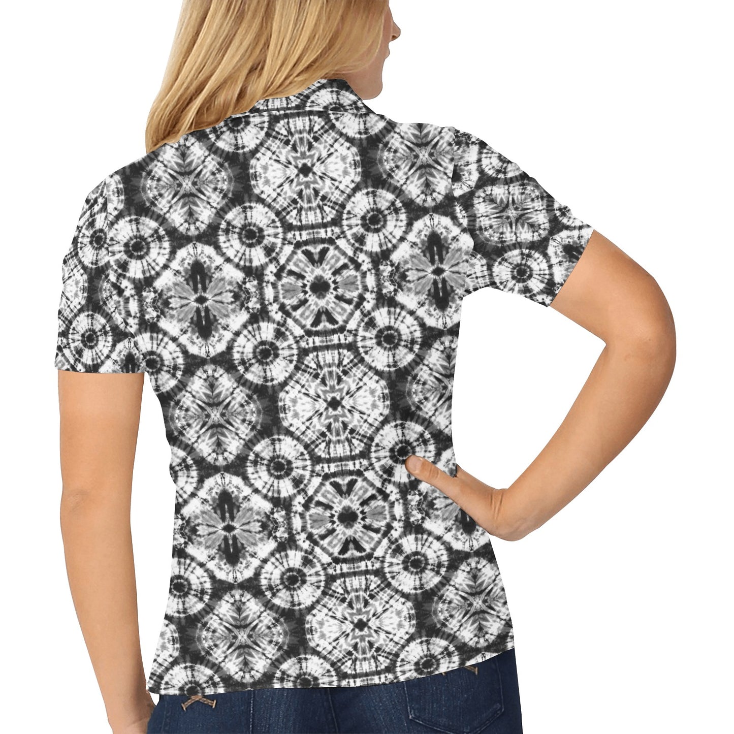 Tie Dye Black White Design Print Women's Polo Shirt