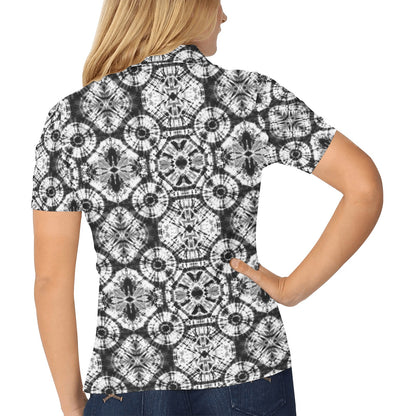 Tie Dye Black White Design Print Women's Polo Shirt