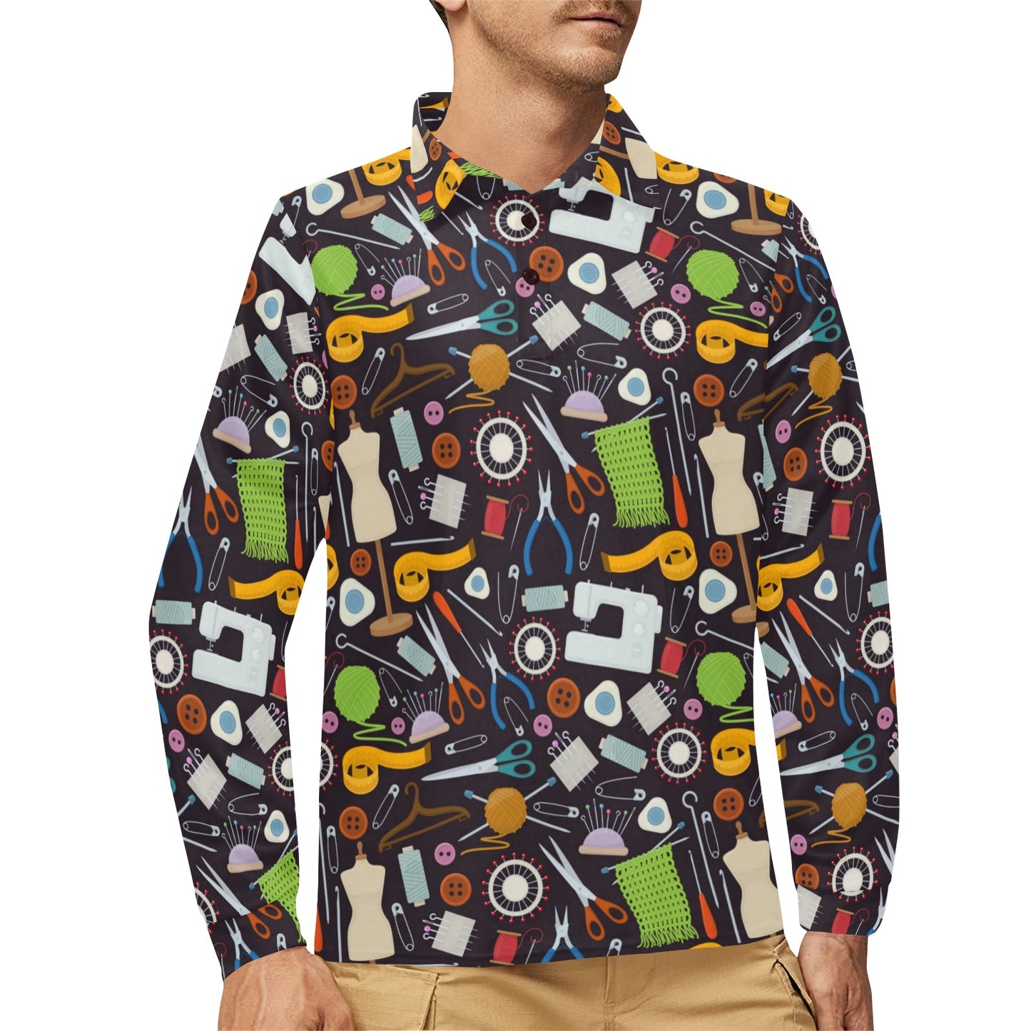 Sewing Equipment Print Design LKS308 Long Sleeve Polo Shirt For Men's
