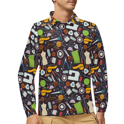 Sewing Equipment Print Design LKS308 Long Sleeve Polo Shirt For Men's
