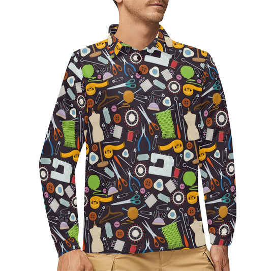 Sewing Equipment Print Design LKS308 Long Sleeve Polo Shirt For Men's