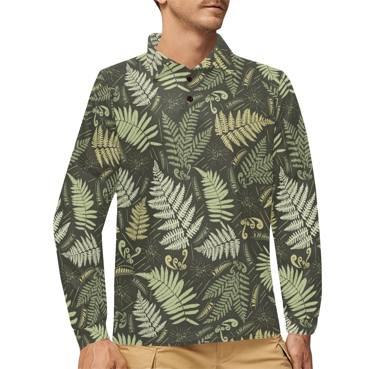 Fern Leave Green Print Pattern Long Sleeve Polo Shirt For Men's