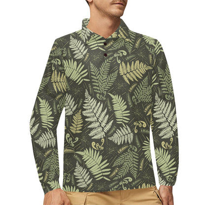 Fern Leave Green Print Pattern Long Sleeve Polo Shirt For Men's