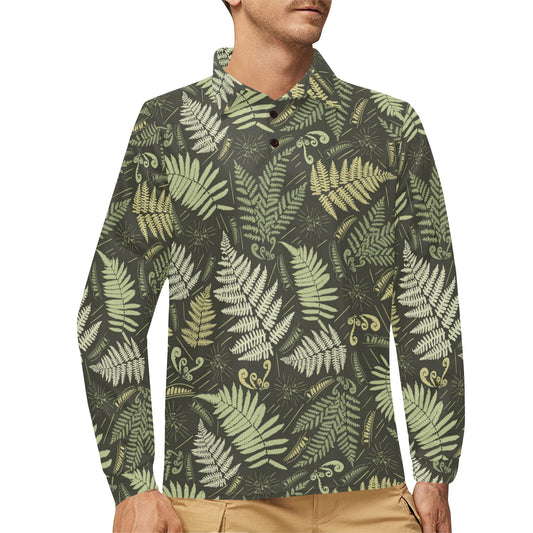 Fern Leave Green Print Pattern Long Sleeve Polo Shirt For Men's