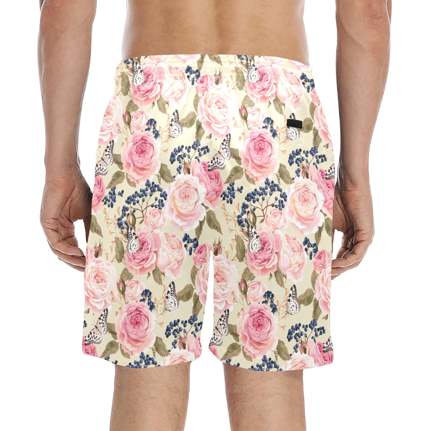 Floral Pink Butterfly Print Men's Swim Trunks Beach Shorts