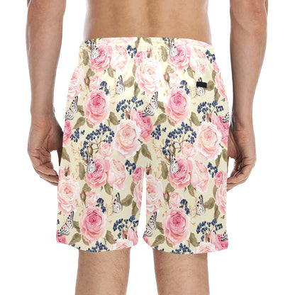 Floral Pink Butterfly Print Men's Swim Trunks Beach Shorts