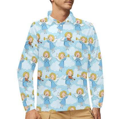 Angel Musician Pattern Print Design 09 Long Sleeve Polo Shirt For Men's