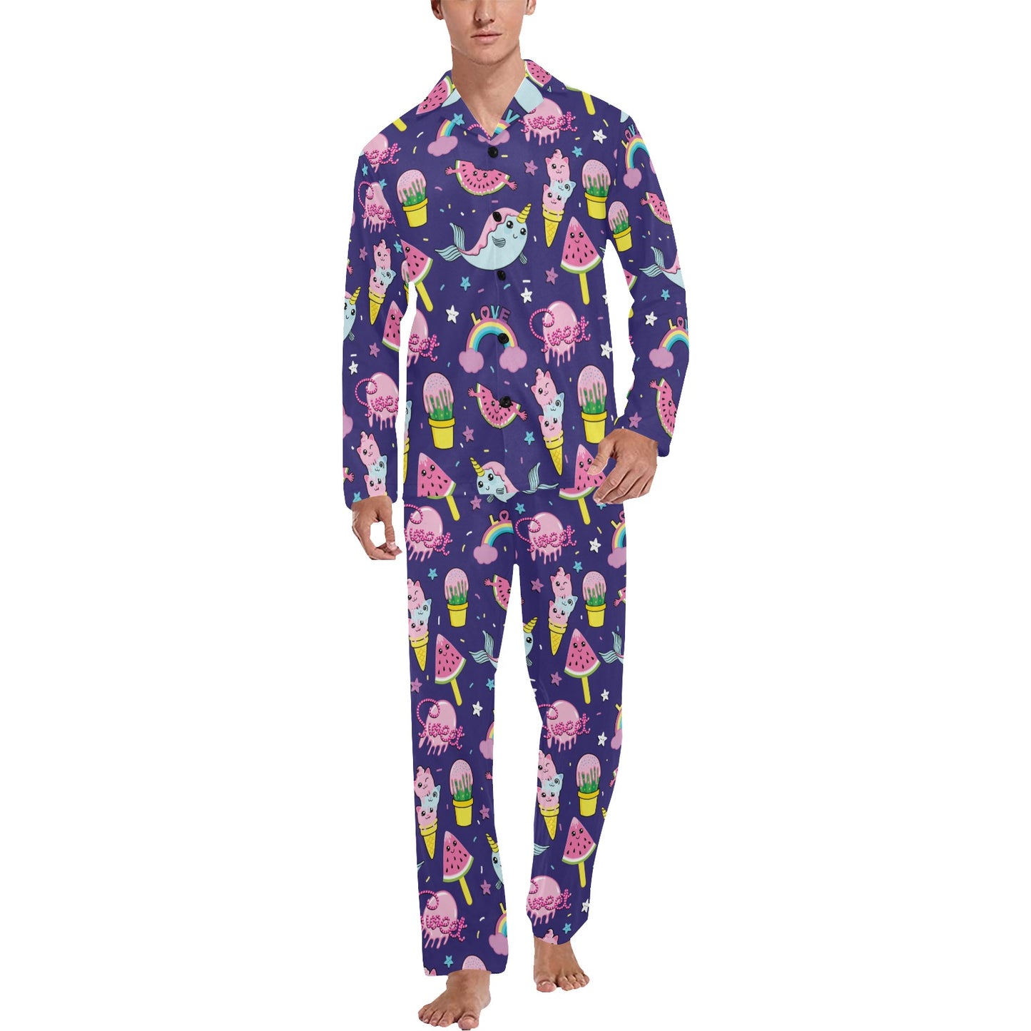Narwhal Cute Pattern Print Design 02 Men's Long Pajama Set