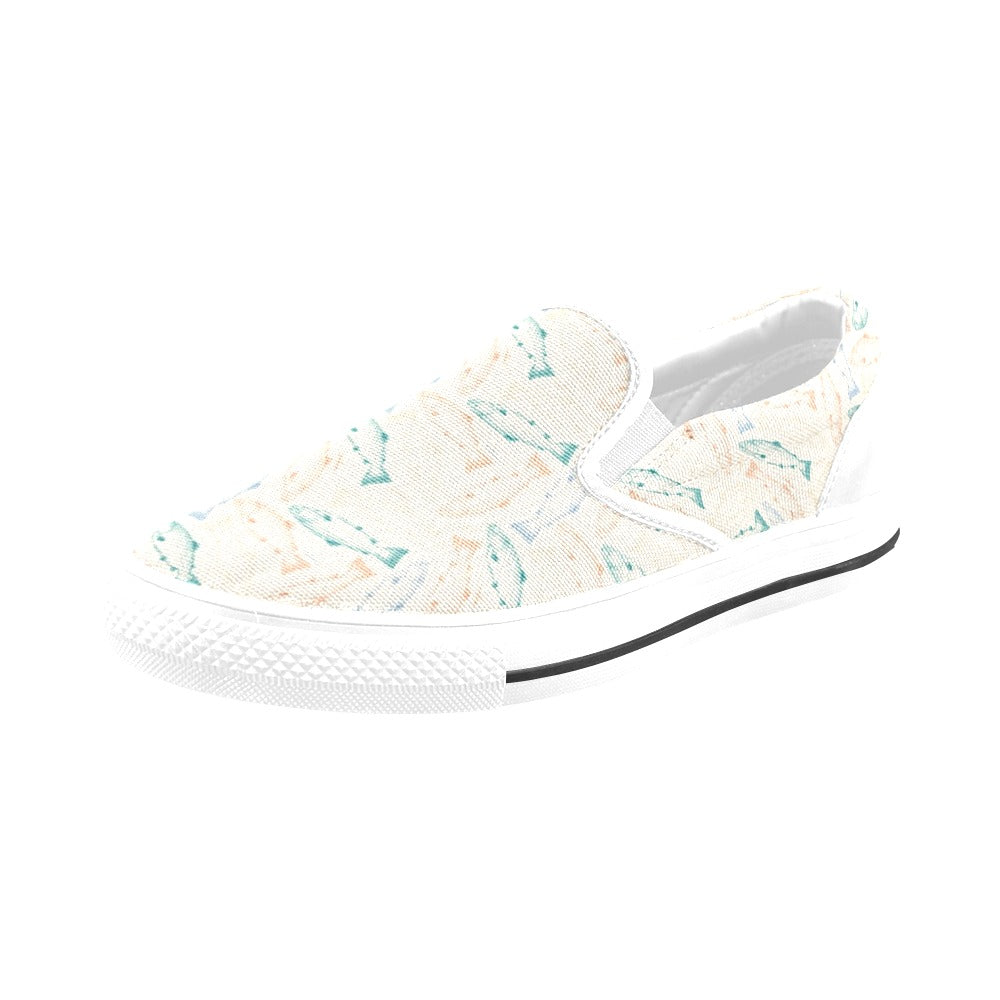 Salmon Fish Print Design LKS305 White Slip Ons Canvas Women's Shoes