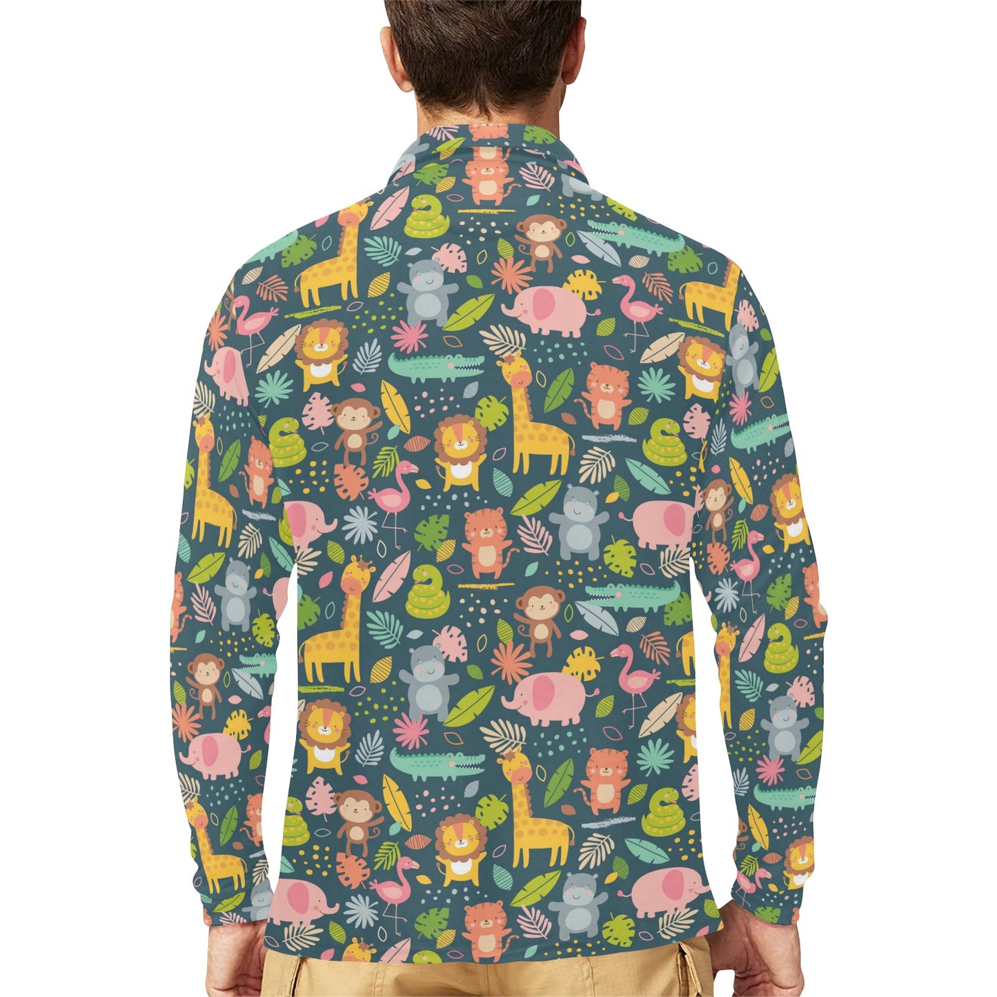 Safari Animal Cartoon Print Design LKS305 Long Sleeve Polo Shirt For Men's