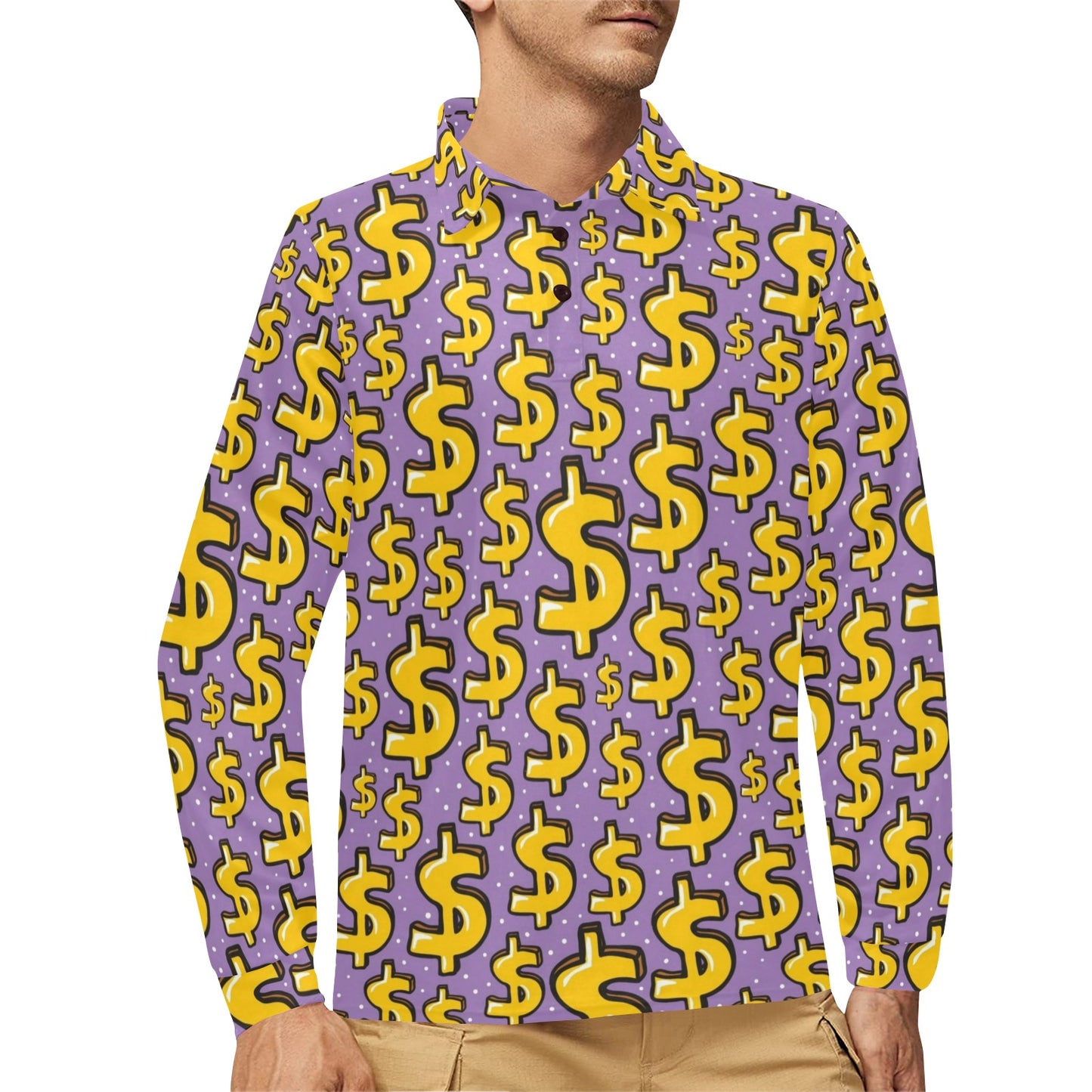 Dollar Pattern Print Design DO01 Long Sleeve Polo Shirt For Men's