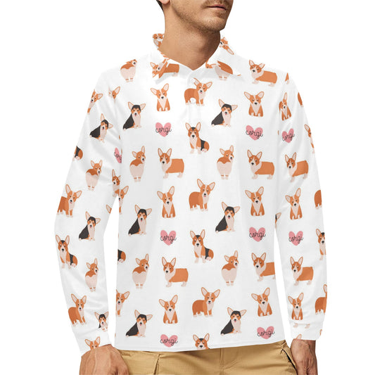 Cardigan Welsh Corgis Pattern Print Design 02 Long Sleeve Polo Shirt For Men's