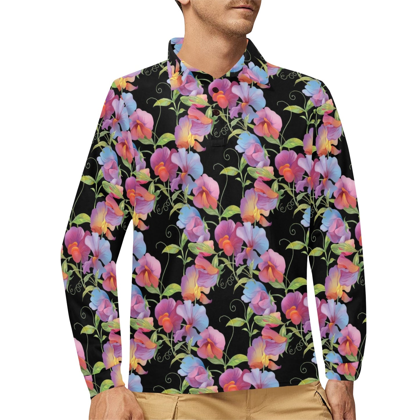 Peony Pattern Print Design PE012 Long Sleeve Polo Shirt For Men's