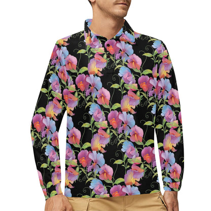 Peony Pattern Print Design PE012 Long Sleeve Polo Shirt For Men's