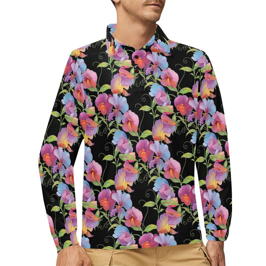 Peony Pattern Print Design PE012 Long Sleeve Polo Shirt For Men's