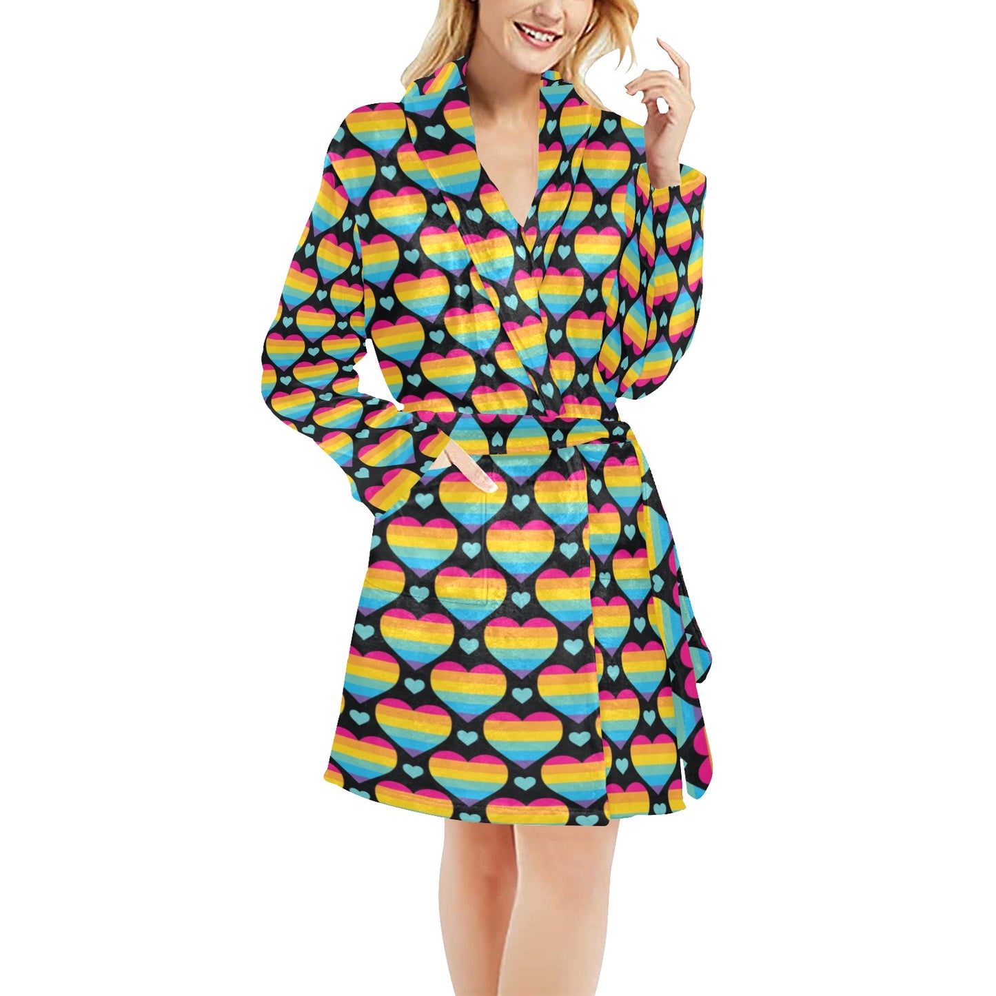 Rainbow Heart Print Pattern Women's Fleece Robe