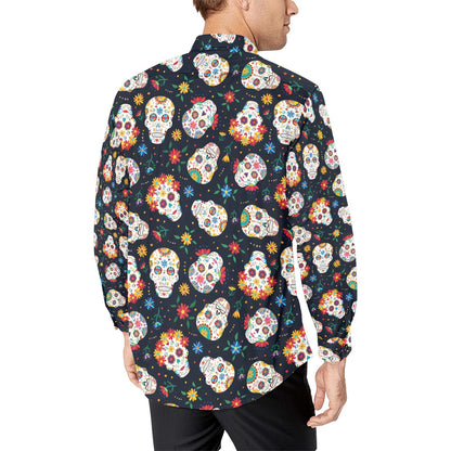 Sugar Skull Print Design LKS305 Men's Long Sleeve Dress Shirt