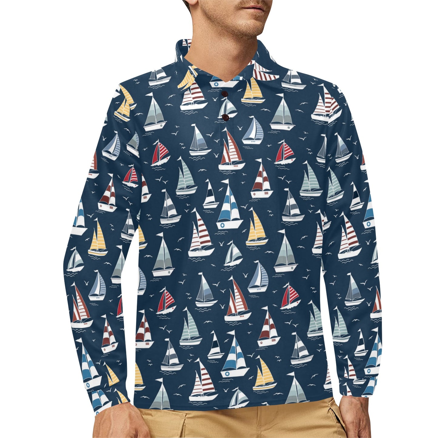 Sailboat Print Design LKS306 Long Sleeve Polo Shirt For Men's