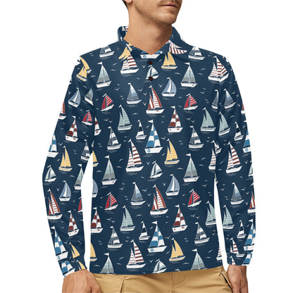Sailboat Print Design LKS306 Long Sleeve Polo Shirt For Men's
