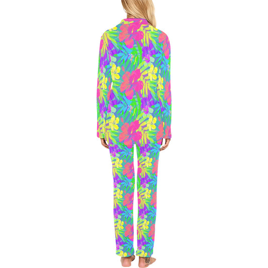 Neon Tropical Pattern Print Design A03 Women's Long Pajama Set