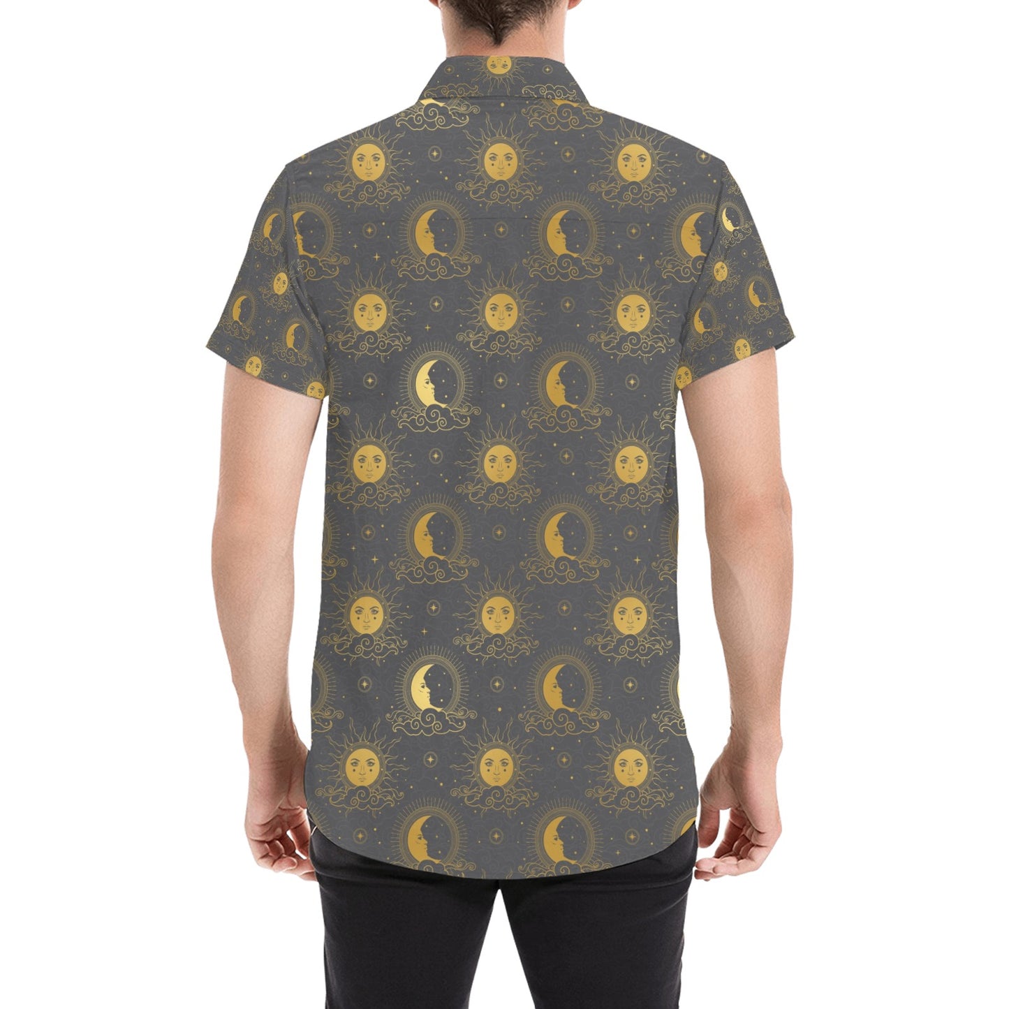 Sun Moon Print Design LKS305 Men Short Sleeve Button Up Shirt