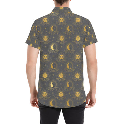 Sun Moon Print Design LKS305 Men Short Sleeve Button Up Shirt