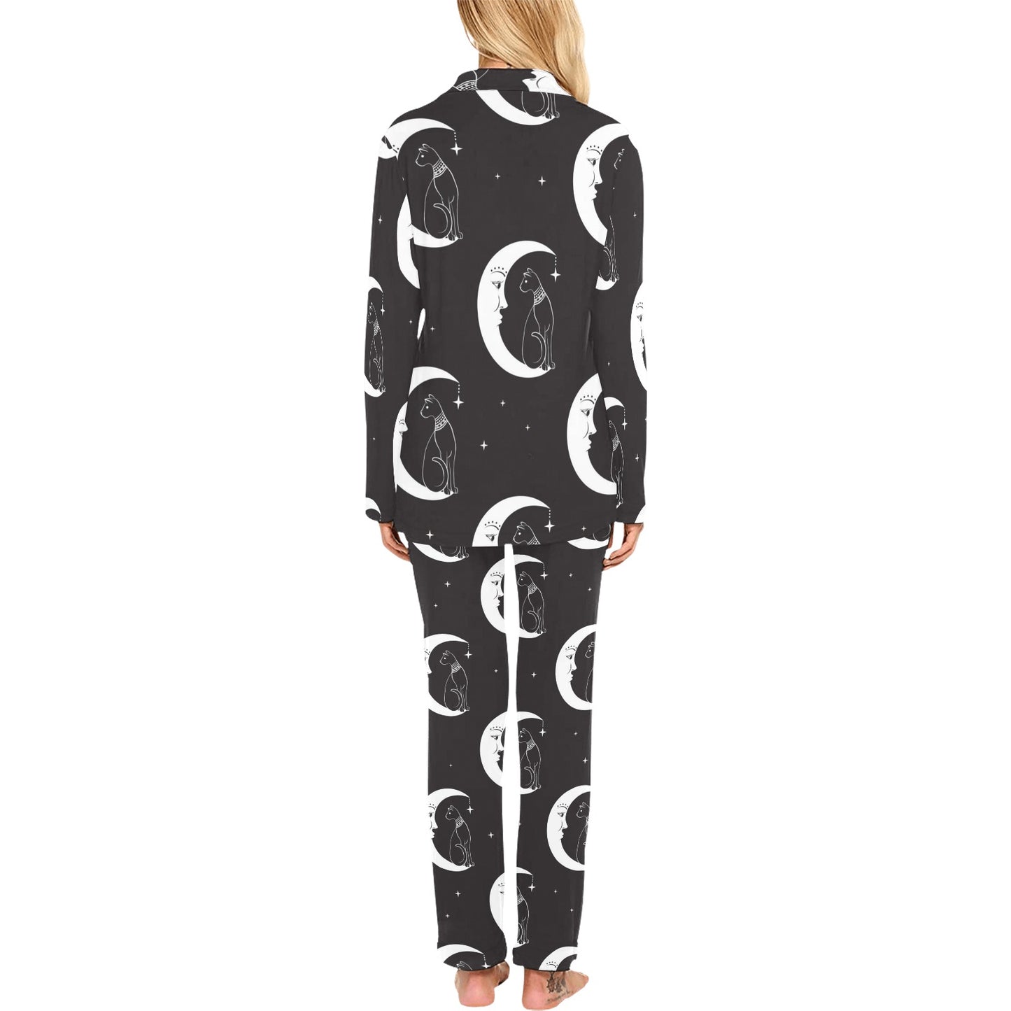 Moon with Cat Pattern Print Design 04 Women's Long Pajama Set