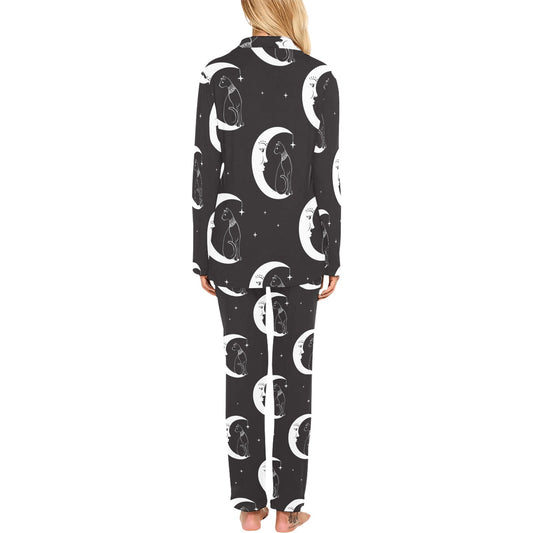 Moon with Cat Pattern Print Design 04 Women's Long Pajama Set