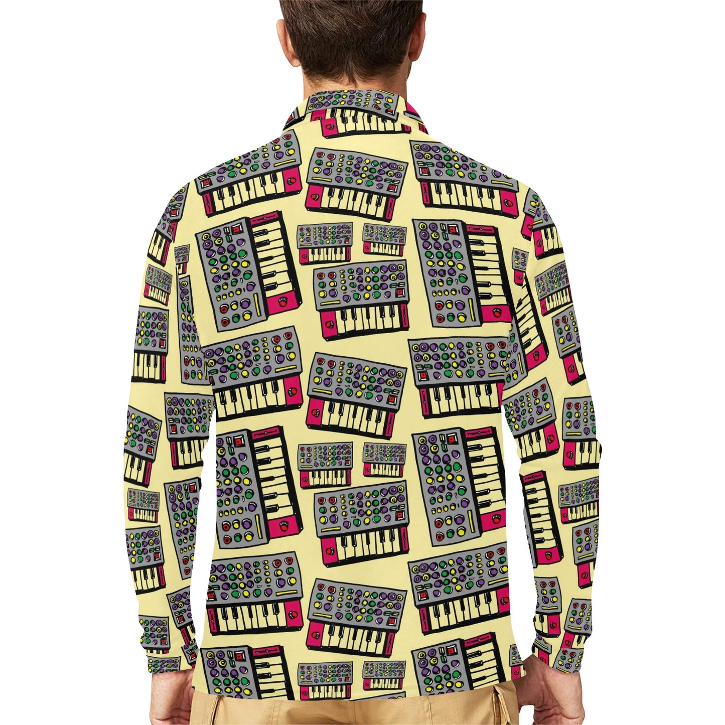 Synthesizer Pattern Print Design 01 Long Sleeve Polo Shirt For Men's