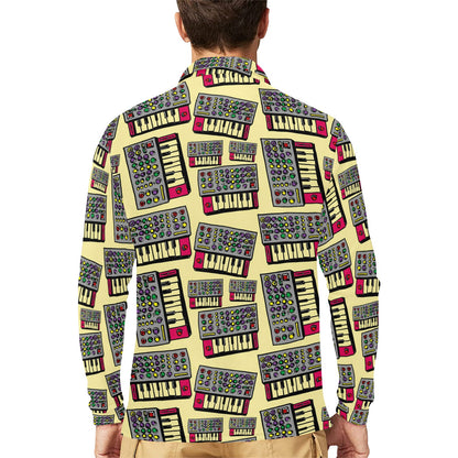 Synthesizer Pattern Print Design 01 Long Sleeve Polo Shirt For Men's