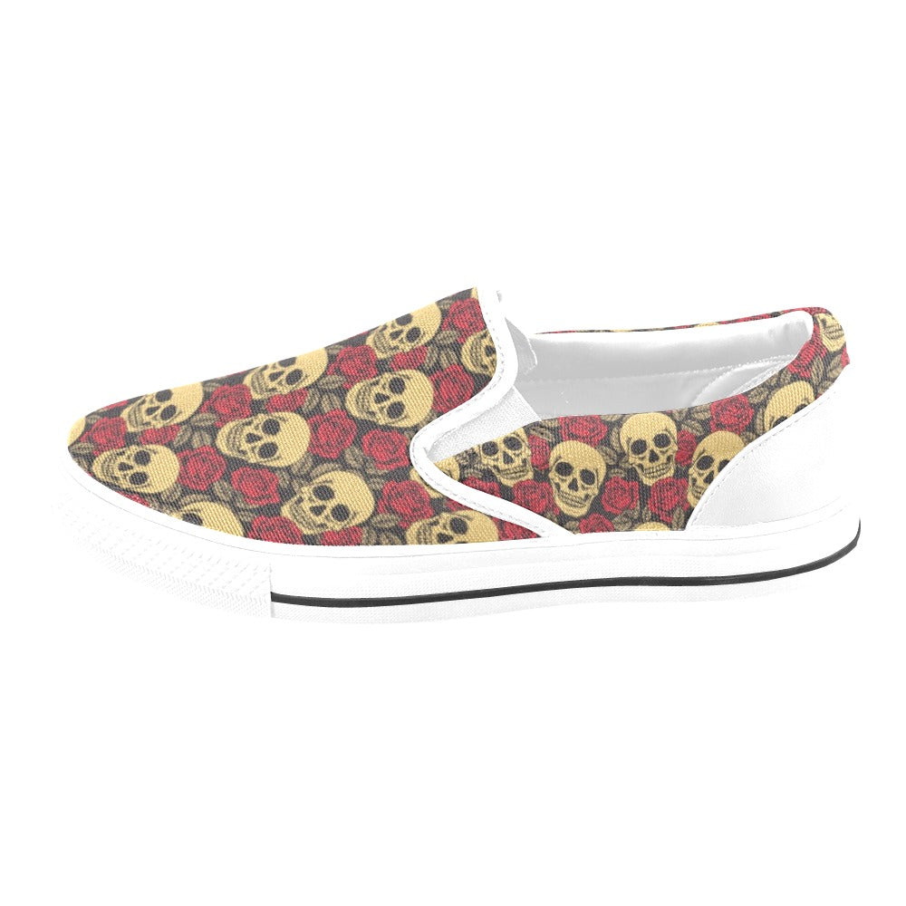 Skull And Roses Print Design LKS302 White Slip Ons Canvas Women's Shoes